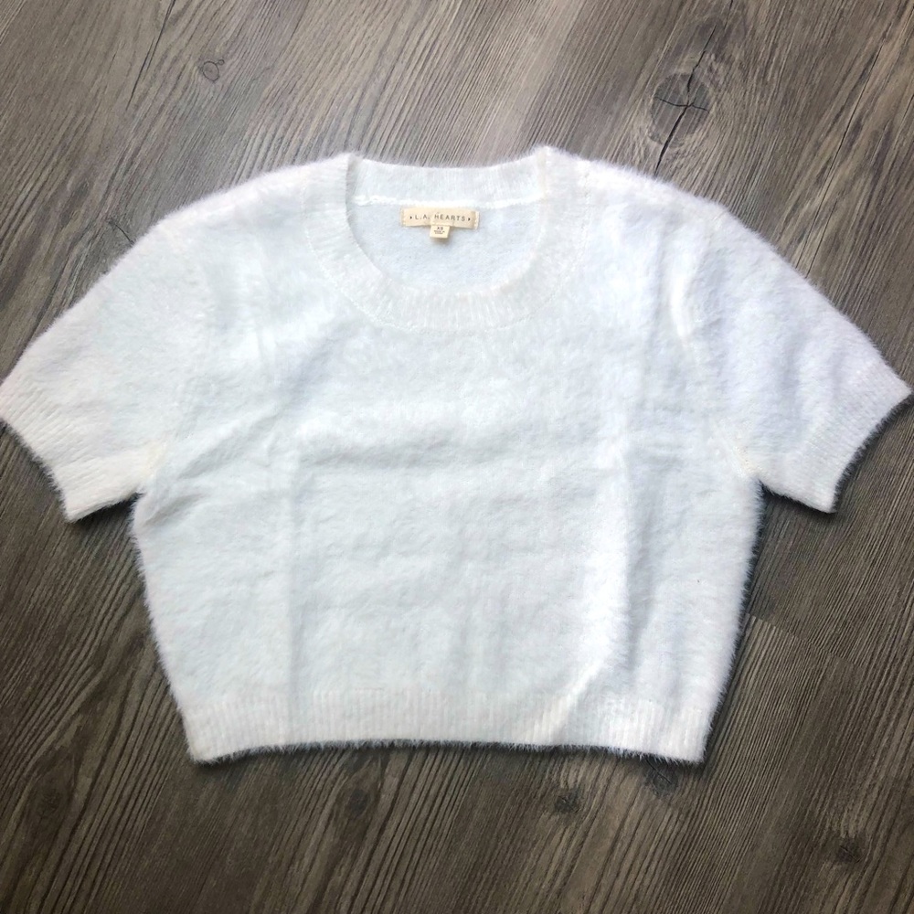 L.A. Hearts Fuzzy Cropped Tee Womens Extra Small Top White Short Sleeved
